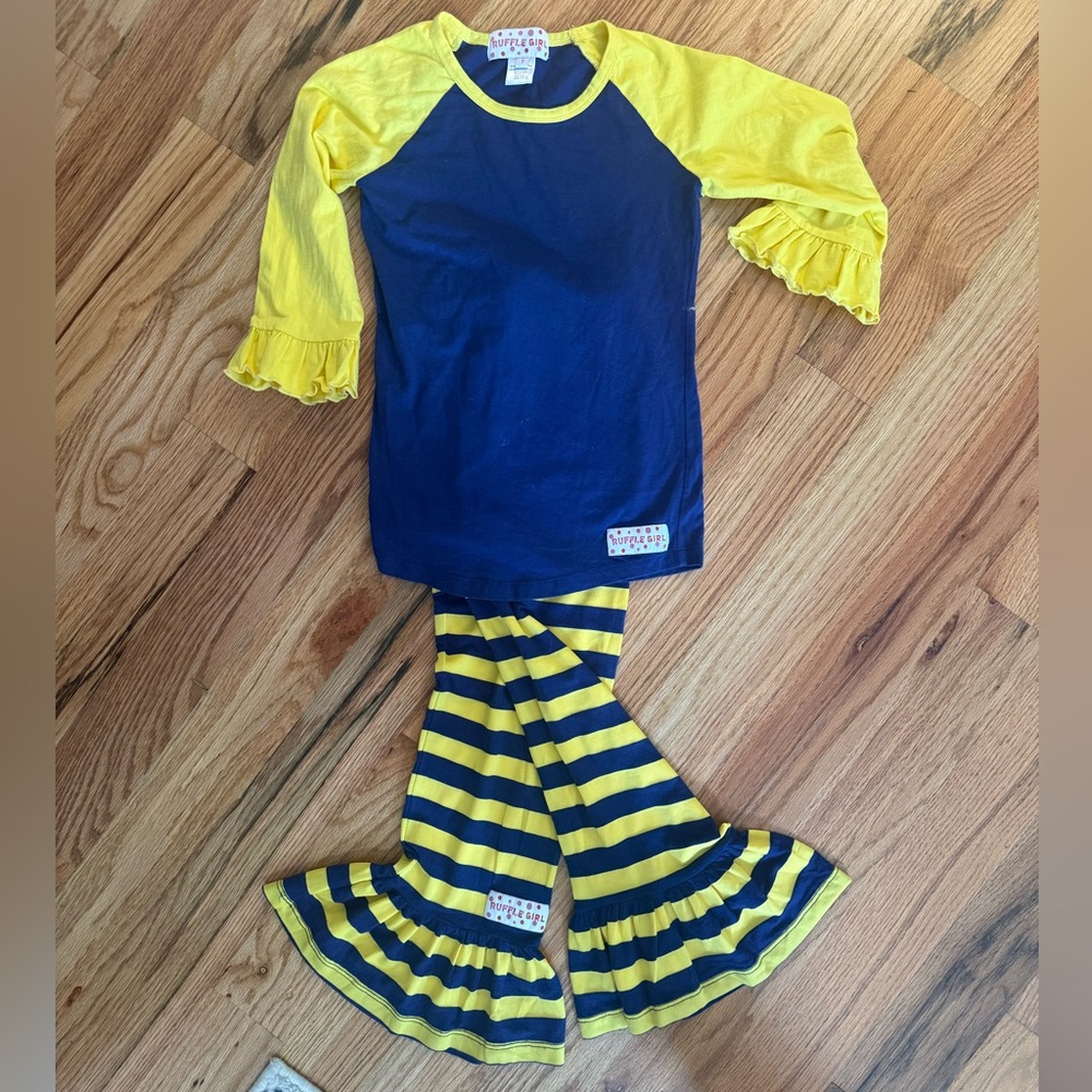 Yellow and Blue Ruffle Sleeve Top and Striped Pants Set